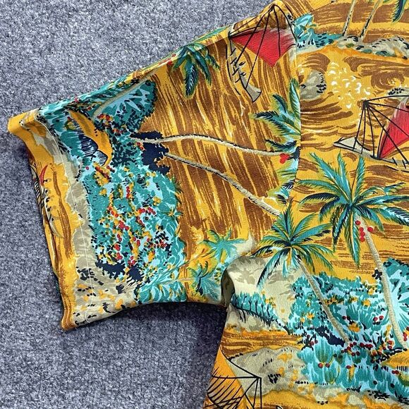 Vintage Waikiki 76 Mens Large Hawaiian Aloha Shirt Palm Trees Sail Boat Brown Lg - Picture 4 of 15